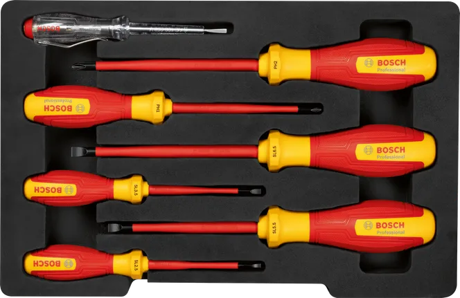 مجموعة مفكات براغي Bosch VDE SL/PH مكونة من 7 قطع لجهد يصل إلى 1000 فولت.